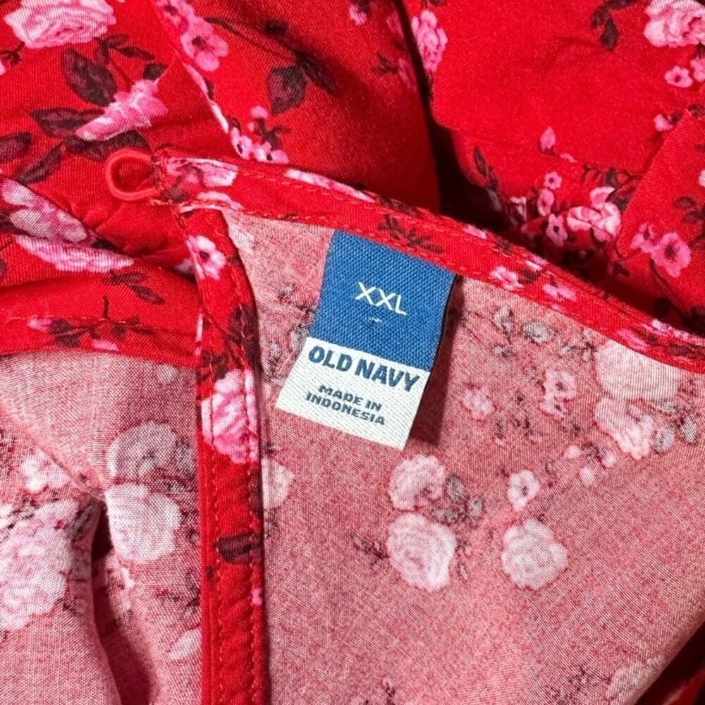 Old Navy Womans Sz XXL Midi Dress Puff Sleeve Floral Red Back Cut Out Smocked - Picture 9 of 9